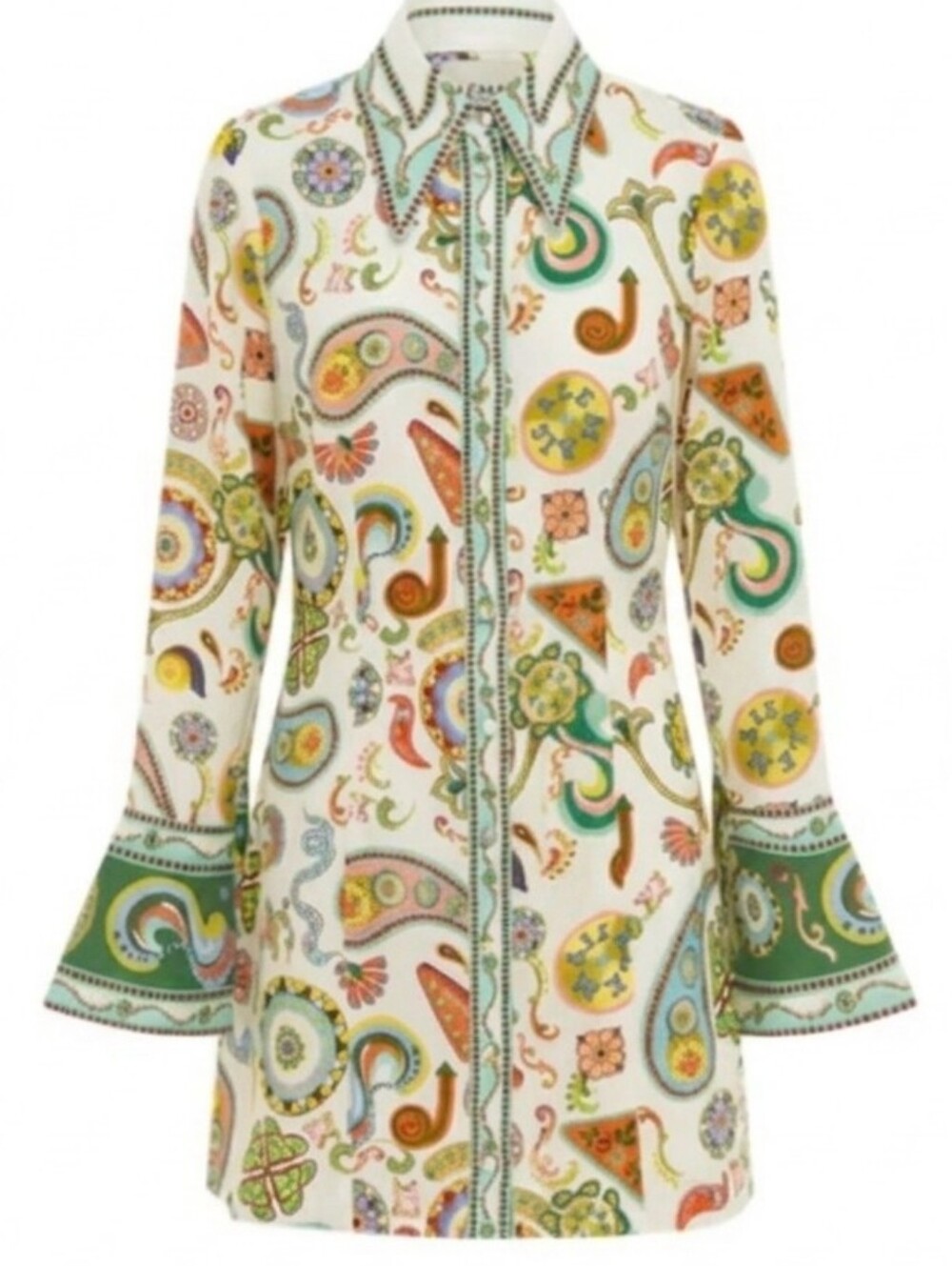 TaROO Psychedelic Alemais Paisley Linen Long Sleeve Button Down Shirt Dress Sz.L